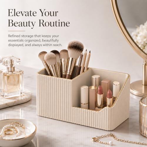 GORESE Leather Makeup Brush Holder with Lipstick Organizer, Beige - color: Beige