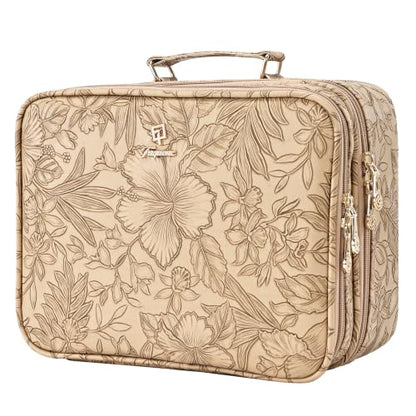 Makeup Bag with LED Lighted Mirror 12.2 IN Cosmetic Train Case Double Layer - color: 12.2 Inch Khaki Floral