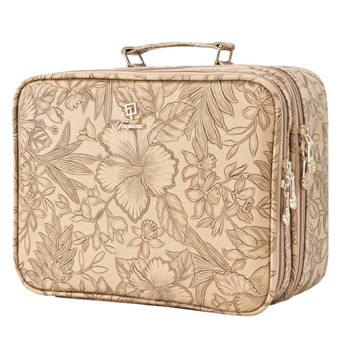 Makeup Bag with LED Lighted Mirror 12.2 IN Cosmetic Train Case Double Layer - color: 12.2 Inch Khaki Floral