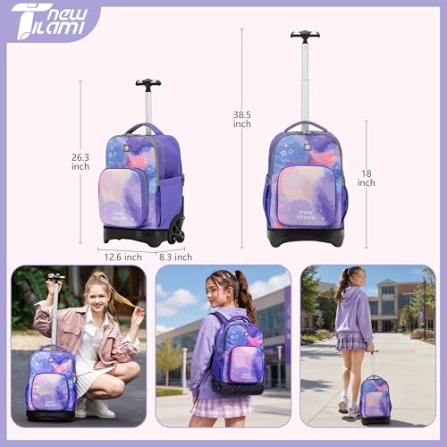 NEW TILAMI 18 Inch Rolling Backpack with Lunch Bag for Girls Boys School - color: Purple Sky