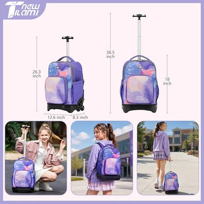 NEW TILAMI 18 Inch Rolling Backpack with Lunch Bag for Girls Boys School - color: Purple Sky