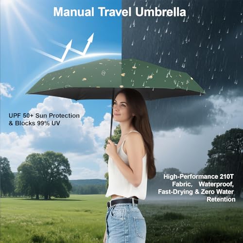 Mini Travel Umbrella, UPF 50+ Purse Umbrella with Case and Carabiner - color: Dark green