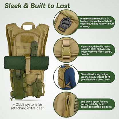 MARCHWAY Tactical Molle Hydration Pack Backpack with 3L TPU Water Bladder, Military Daypack for Cycling, Hiking, Running, Climbing, Hunting, Biking - color: Tan