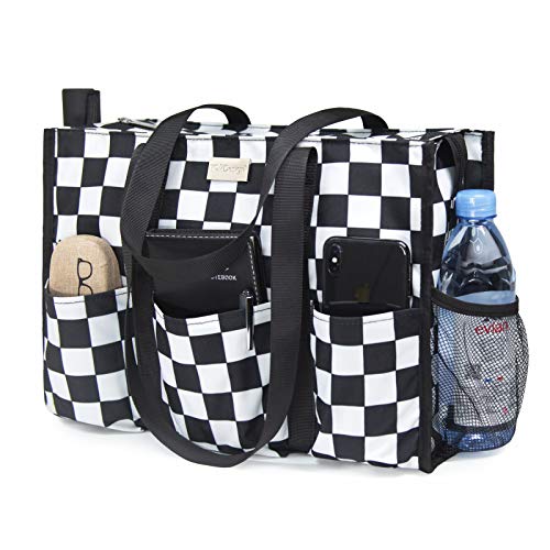 TOPDesign Utility Water Resistant Tote Bag with 13 Pockets, Zipper Closure - color: Checkerboard, size: Large