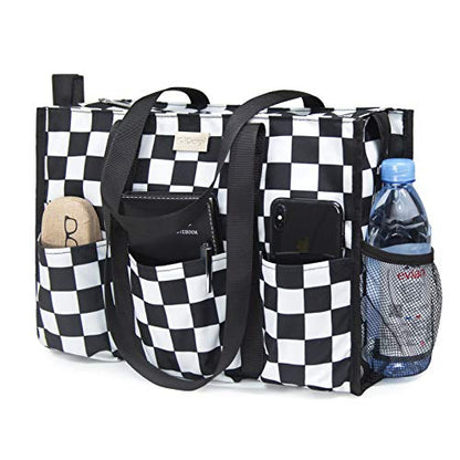 TOPDesign Utility Water Resistant Tote Bag with 13 Pockets, Zipper Closure - color: Checkerboard, size: Large