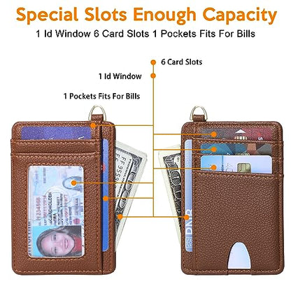 Badiya Credit Card Holder Slim Minimalist Wallet, Front Pocket Purse RFID Blocking Wallet Compact Card Case with ID Window for Women & Men - color: 2-Lychee-Brown