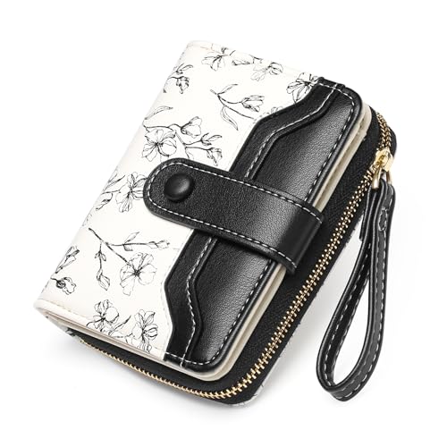 GAEKEAO Womens Wallet Slim Thin RFID Blocking Floral Leather Card Holder Bifold Long Ladies Wallet with Zipper Pocket - color: A02-Black & White