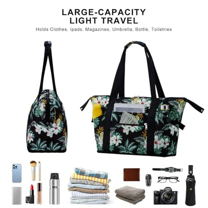 Expandable Duffel Bag for Women with Trolley Sleeve/Wet Pocket Weekender Travel Tote Large Carry On Overnight Luggage - color: Palm Tree