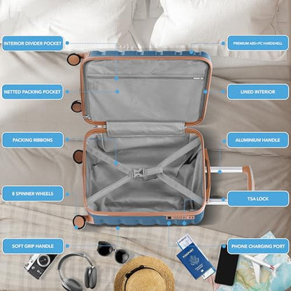 Flight Knight 21.5x15.5x9 Expandable Carry On Suitcase Hardside TSA Lock & USB C Port Lightweight Luggage Silent Double Spinner Wheels Maximum Canada Air Overhead Bag Airlines Approved Blue/Tan - color: Blue/Tan, size: 21.5x15.5x9"
