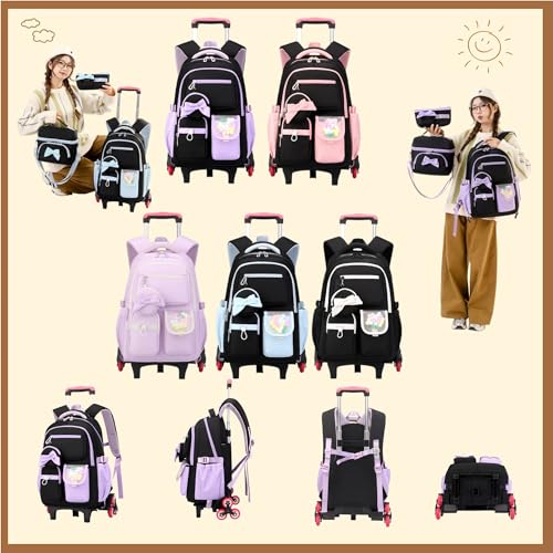 Rolling Backpack for Girls 3PCS Kids Backpack Set Cute Trolley Bags for Elementary Middle High School Wheeled Bookbags - color: 3pcs Black+purple 6 Wheels