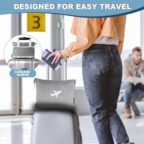 Travel Blanket Airplane Compact with Bag, Travel Essentials 3 in 1 Packable Airplane Blanket, Travel Pillow and Blanket Set, Inflatable Pillow, Luggage Sleeve & Backpack Clip (Light Grey) - color: Light Grey
