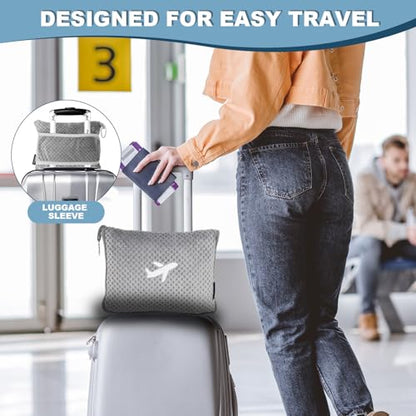 Travel Blanket Airplane Compact with Bag, Travel Essentials 3 in 1 Packable Airplane Blanket, Travel Pillow and Blanket Set, Inflatable Pillow, Luggage Sleeve & Backpack Clip (Light Grey) - color: Light Grey