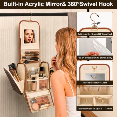 Women Travel Toiletry Bag Large Hanging Toiletry Bag with Mirror - color: Brown