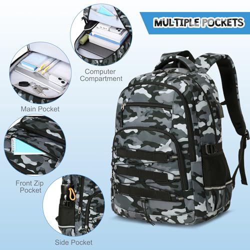 ACESAK 3PCS Camo Backpack for Boys with Lunch Box Pencil Case - color: Gray Black
