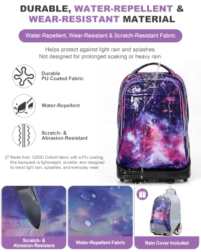 NEW TILAMI 19 Inch Rolling Backpack with Lunch Bag School, Purple Starry - color: Purple Starry
