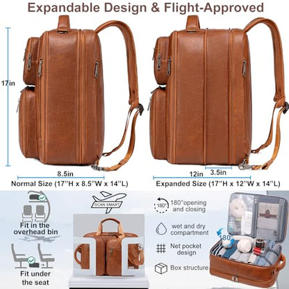 weiatas 3-in-1 Vegan Leather Convertible Laptop Bag for Men Women, Expandable Travel Backpack Work Briefcase Messenger Bag - color: Brown