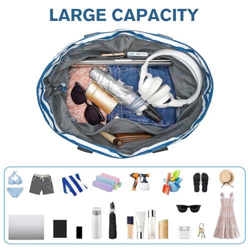 G4Free Beach Bag, Waterproof Sandproof Large Capacity Foldable for Women - color: Navy Stripe, size: 35L
