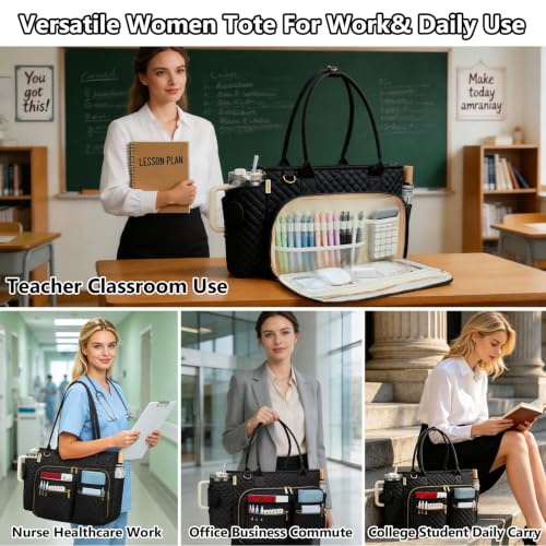 SIYNPAV Teacher Tote Bag with 15.6 in Laptop Compartment& Cup Holder Black - color: Stylish Black