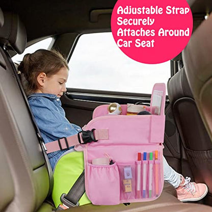 Bundle–2 Items: MENZOKE Car Seat Tray with Dry Erase Board and Cooler Cup Holder, Pink & Magic Pink