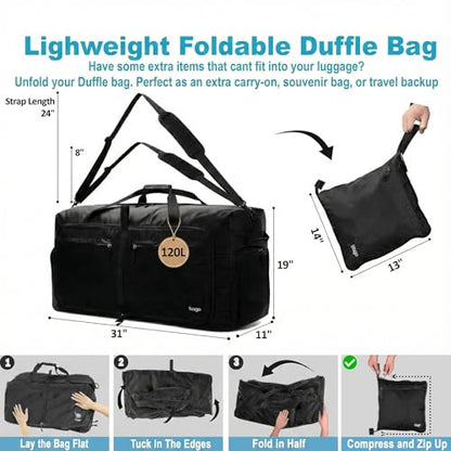 Bago Travel Duffle Bag for Women & Men. Extra Large Foldable Duffel Bags - color: All Black, size: 120L