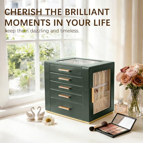 Homeanda Jewelry Boxes with Glass Lid, 5-Layer Large PU Leather, Green - color: Green, size: 5 Layer