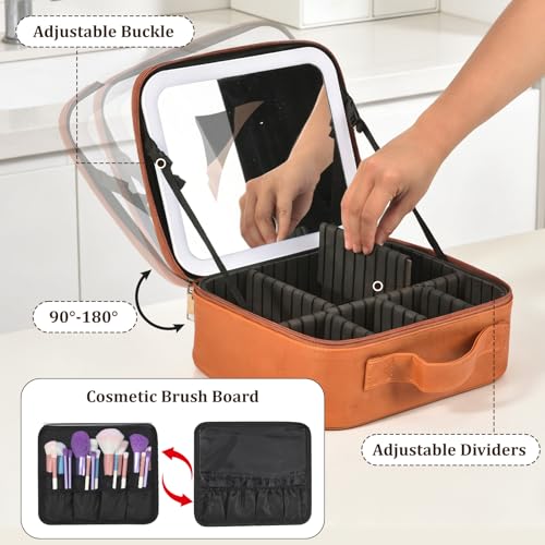 Travel Makeup Bag with Mirror & 8 Adjustable EVA Dividers, Camel - color: Camel-8 Dividers