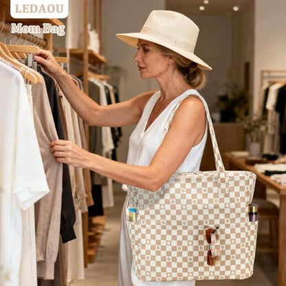 LEDAOU Large Beach Bag for Women, Waterproof Sandproof Tote Bag with Zipper - color: Brown-white