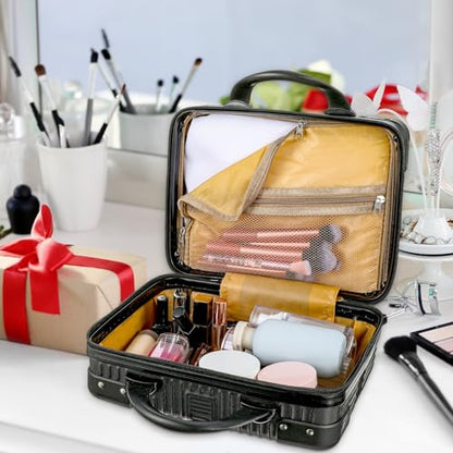 14 Inch Hard Shell Makeup Case, Portable Mini Makeup Suitcase for Hand Luggage with Elastic Band, Pressure-proof Makeup Carrying Case, Lightweight Small Hard Shell Cosmetic Travel Case - color: Black