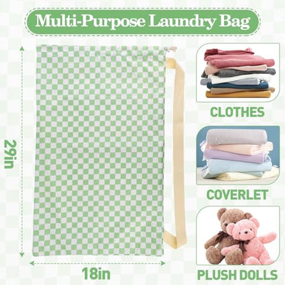 Laundry Bag Backpack for Dorm & Travel, 29 x 18" Large Dirty Bag - color: Green White Checkered