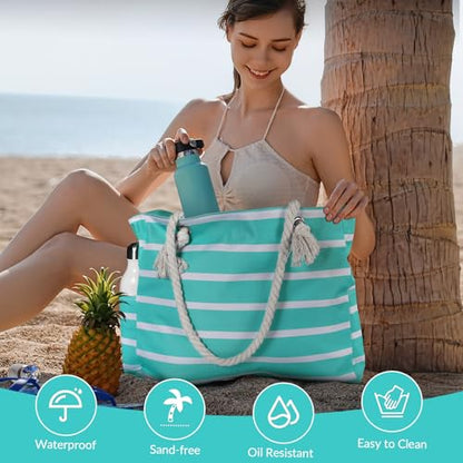 Clothirily Beach Bag for Women, Large Beach Tote Bag Waterproof with Zipper - color: B-green
