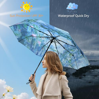 Van Gogh Folding Umbrella, Travel Umbrella with Starry Night Design, Auto Open & Close - Portable Compact Umbrella - Lightweight & Packable for Women & Men - color: Water Lilies A