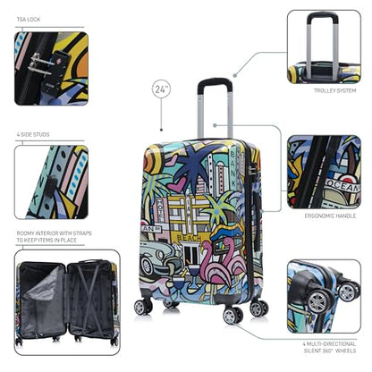 InUSA Miami Print 24-Inch Medium Hardside Spinner Luggage Lightweight Bag - color: Cities, size: 24 Inch
