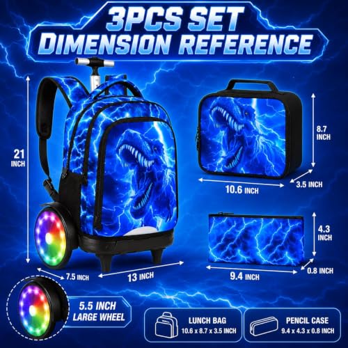 20 Inches Large Wheels Rolling Backpack for Boys with Light Up, 3Pcs Kids Lightning Dinosaur Wheeled Backpack Set for Elementary School (Blue) - color: Lightning Dinosaur(large Wheels)