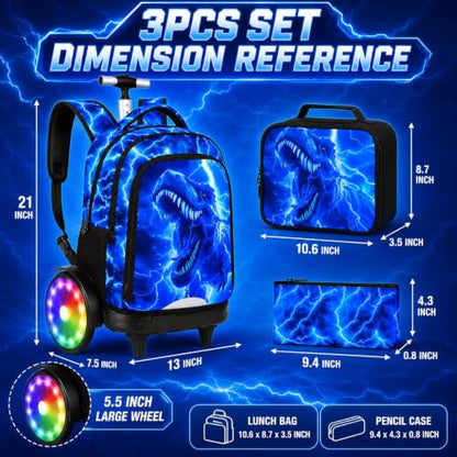 20 Inches Large Wheels Rolling Backpack for Boys with Light Up, 3Pcs Kids Lightning Dinosaur Wheeled Backpack Set for Elementary School (Blue) - color: Lightning Dinosaur(large Wheels)