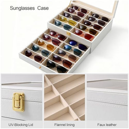 20 Slots PU Leather Sunglasses Organizer Jewelry Box,Multiple Pairs of Large Sunglasses Case Holder with Clear Lid - color: White
