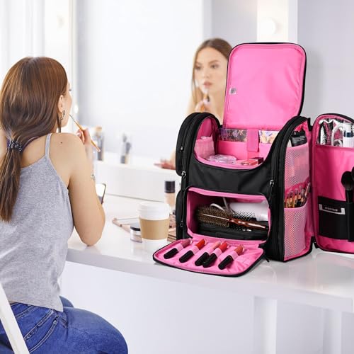 BYOOTIQUE Soft Sided Rolling Makeup Train Case Travel Bag Backpack Artist - color: Deep Pink, size: Xlarge
