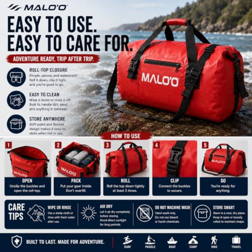 Malo’o Waterproof Dry Duffel, Heavy-Duty Roll Top Waterproof Gear Bag with Shoulder Strap & Molle Loops, Marine Duffel for Kayaking, Boating, Camping, Beach & Travel, Black, 60L - color: Black, size: 60L