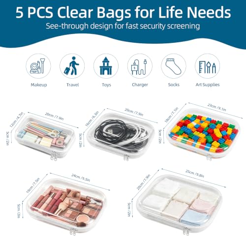 5 Pack Hard Shell Pouches with Double Zipper, Portable Clear Travel Bags - color: Multi-Size4M+1S