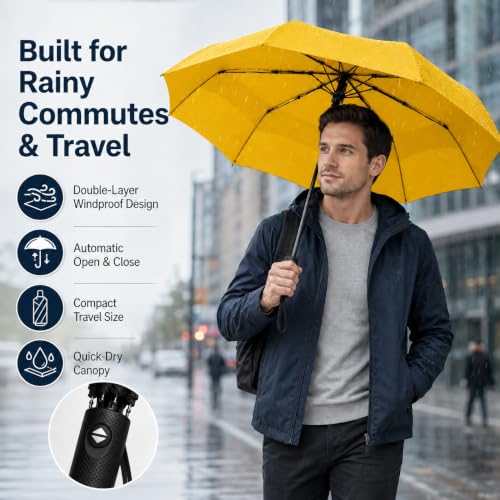 Windproof Travel Umbrella Premium Auto Folding Umbrella for Rain and Sun - color: yellow