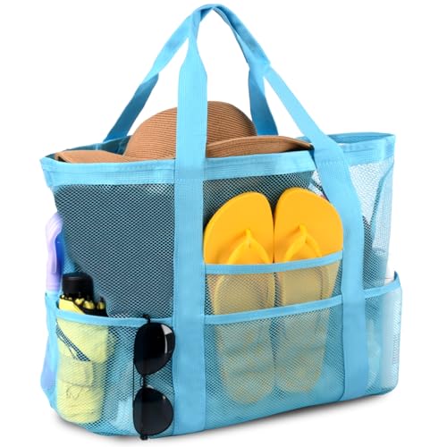 CaCTOUR Mesh Beach Bag,Large Beach Bags for Women with 8 Pockets,Packable Tote Bag for Beach Cruise Pool Vacation Essentials - color: Blue