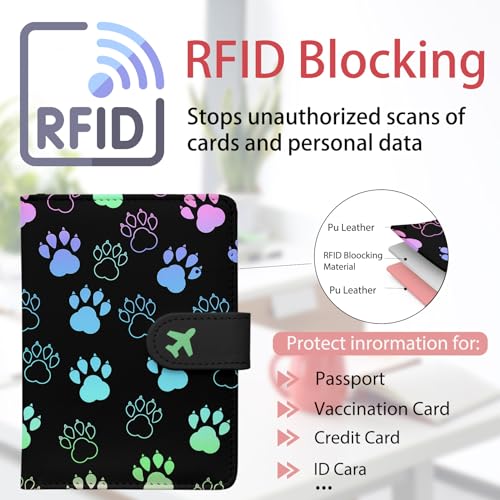 Passport Holder, Cute Travel Wallet Cover with RFID Blocking,Pawprint - color: F-Pawprint