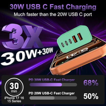 USB C 고속 벽 충전기 블록, 60W USBC 충전 큐브 2팩, 5포트 PD+QC 전원 어댑터 멀티포트 브릭 타입 C 박스 플러그 휴대폰 17/16/15/14/13/12/11/프로 맥스/플러스, 패드 미니/프로/S25/S24-그린 - color: 초록색.