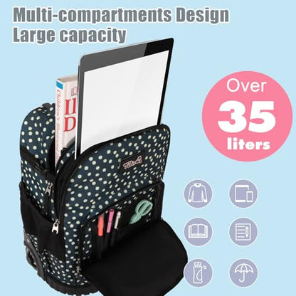 Tilami Rolling Backpack for Kids 19 inch with Lunch Bag Wheeled Laptop Backpack,Green dots - color: Green Dots