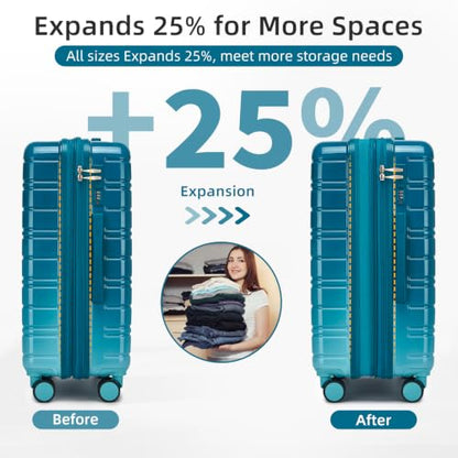 LARVENDER Luggage Sets 5 Piece, PC+ABS Expandable Suitcases with Wheels - color: Turbo Teal, size: 5 Piece Set (20/24/28/DB/TB)