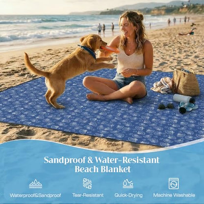 OIGAE Beach Blanket Waterproof Sandproof Oversized Beach Mat - color: Blue Sea Shells, size: 7x8 Ft (2～5 person)