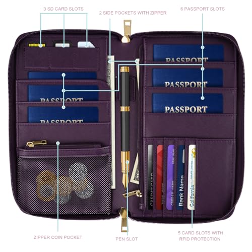 Family Passport Holder Wallet RFID Blocking Document Organizer - color: Purple Flowers