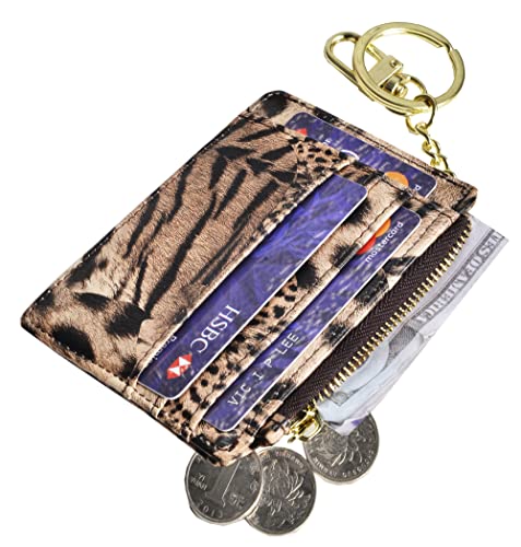 woogwin Slim RFID Credit Card Holder for Women Mini Front Pocket Wallet Purse With Keychain - color: Leopard