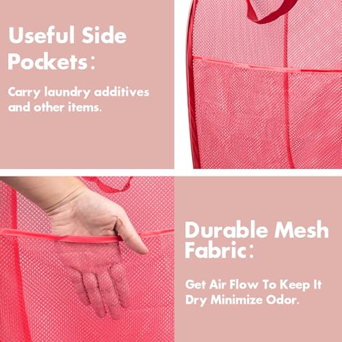 Pop Up Laundry Hamper, 70 L Collapsible Mesh Basket with Side Pocket, Red - color: 1 PCS Red