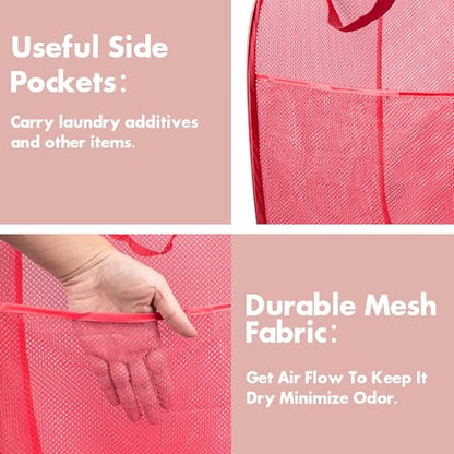 Pop Up Laundry Hamper, 70 L Collapsible Mesh Basket with Side Pocket, Red - color: 1 PCS Red