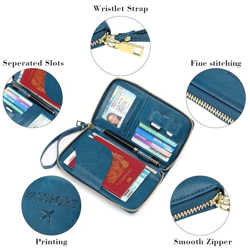 Leather RFID Blocking Passport Holder Travel Wallet, Passport Cover/Travel Wallet for Women/Men with - color: Peacock Blue